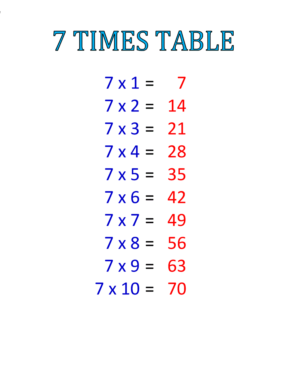 Free Printable Multiplication Table 7 Charts Worksheet