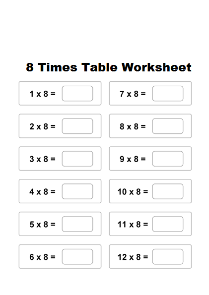 Free Printable Multiplication Table 8 Charts Worksheet 