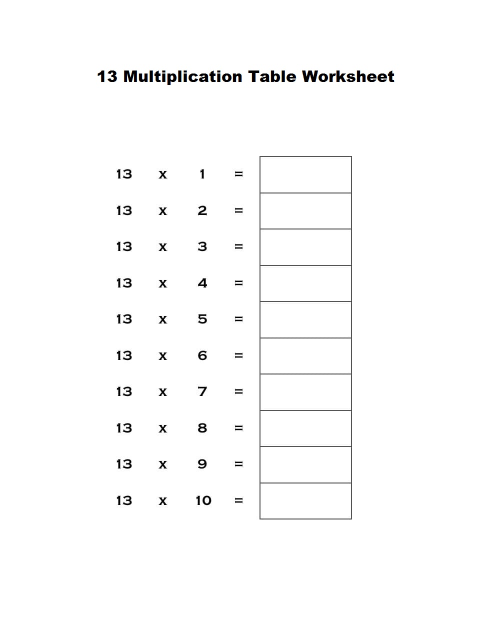 13 Multiplication Table Worksheet