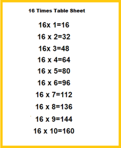 16 Times Table Sheet