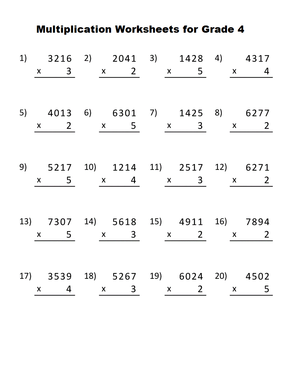 Grade Four Multiplication Worksheets