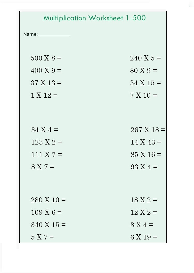 Multiplication Chart 1-500 Worksheet
