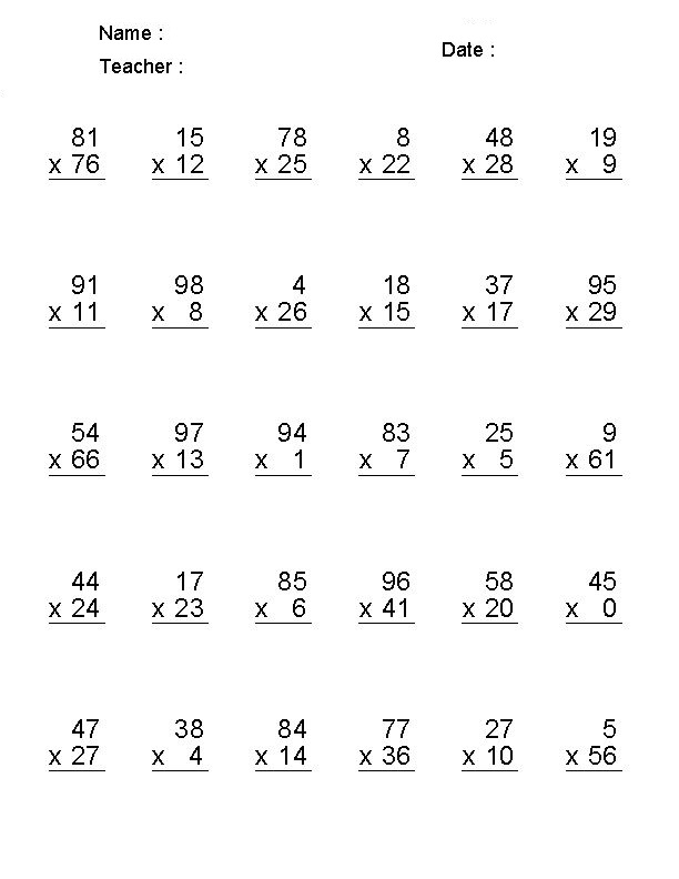 Printable Multiplication Worksheets for Grade 4